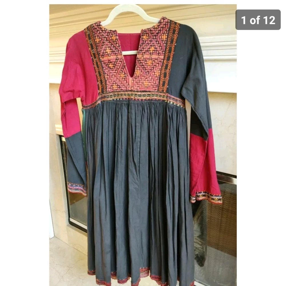 Vintage 70s Red Black Kaftan Boho Handmade Small - image 1